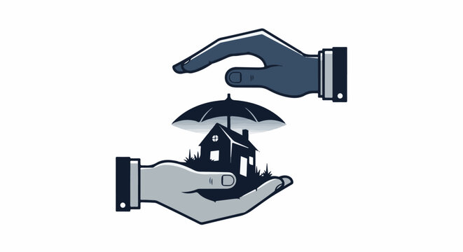 Hands protect house under umbrella from elements