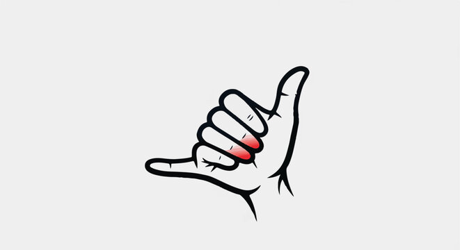 Cartoon hand making the shaka sign with red accents on fingertips
