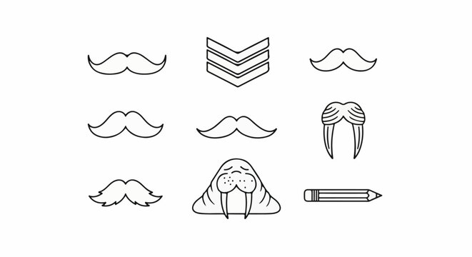 Collection of simple outline icons mustaches, walrus, chevron