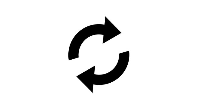 Black circular arrows rotating icon on white background