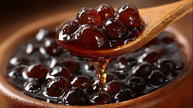 Wooden spoon scooping glistening dark brown tapioca pearls with syrup from a rustic wooden bowl.