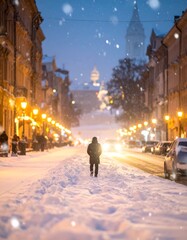 Obraz premium Winters Embrace - A Lone Figure Walks Through a Snowy Cityscape.