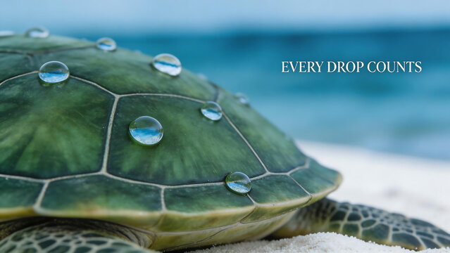 A sea turtle rests on a white sand beach near the blue ocean to celebrate World Oceans Day with water drops on shell