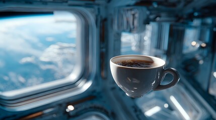 Coffee cup floating in zero gravity with Earth visible outside, , april 12, cosmonautics day 