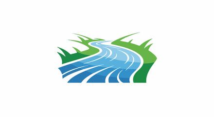 Obraz premium Stylized blue river flowing through vibrant green rolling hills and grass