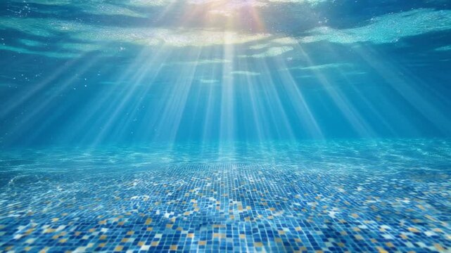 A serene underwater scene with sunlight beams piercing through, illuminating a tiled pool bottom