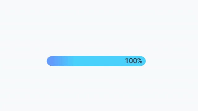 Animated progress bar reaching 100 percent completion with blue gradient on clean background, representing finished task and successful process in digital interface.