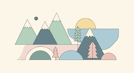 Obraz premium Geometric landscape with mountains, sun, moon, and trees
