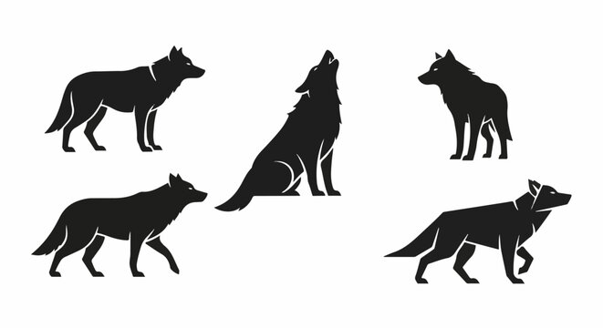Stylized silhouettes of five wolves in various poses, including howling
