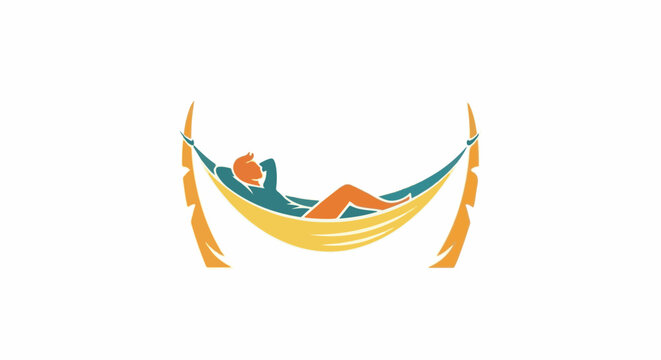 Stylized silhouette relaxes in a colorful hammock between stylized palm trees