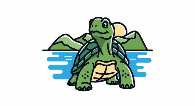 Friendly cartoon tortoise with mountains and sun behind it