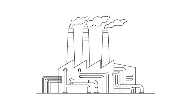 Industrial factory, power plant, smokestack, vector illustration, line art, industrial complex