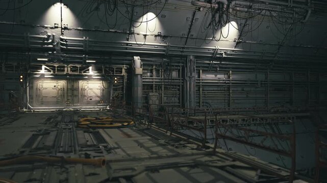 Dim industrial hangar interior with pipes, empty maintenance bay with metal platforms, exposed beams, scattered toolboxes, distant catwalk silhouettes, damp