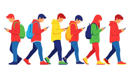 Obraz premium Generation Z addicted to smartphones walking in a line, isolated on white background