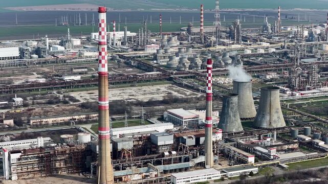 Aerial drone view of a oil refinery in Eastern Europe near to Burgas, Bulgaria