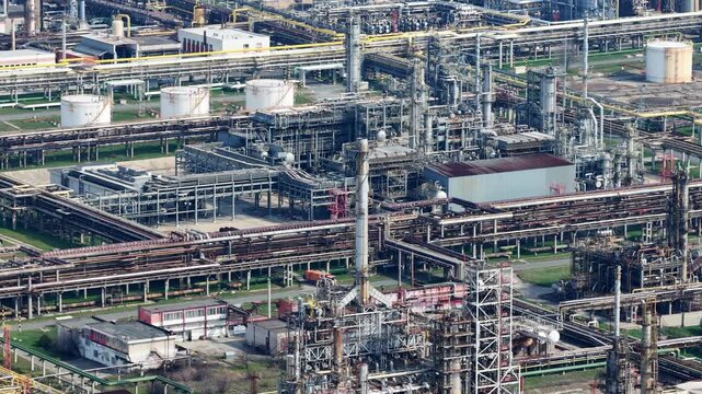 Aerial drone view of a oil refinery in Eastern Europe near to Burgas, Bulgaria