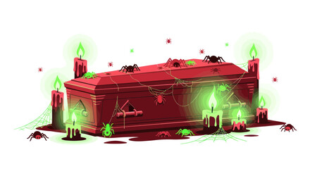 Spooky Coffin Surrounded by Spiders and Glowing Candles © Erlin