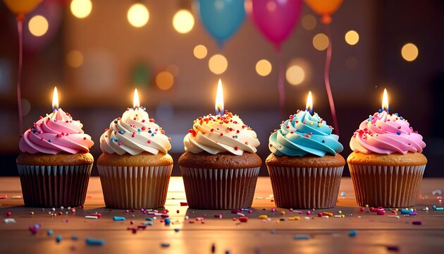 A row of lit cupcakes with colorful frosting and sprinkles on a wooden table