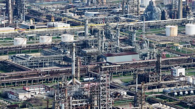 Aerial drone view of a oil refinery in Eastern Europe near to Burgas, Bulgaria