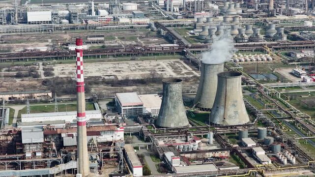 Aerial drone view of a oil refinery in Eastern Europe near to Burgas, Bulgaria. Petrol refinery