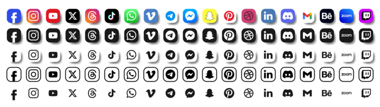 x, tiktok, threads, facebook, instagram, youtube, behance, telegram, whatsapp, linkedin, gmail, discord, twitch, pinterest, snapchat, dribbble, vimeo, messanger, zoom icon set.
