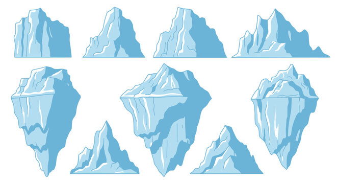 Collection of stylized blue icebergs with sharp peaks and reflections white background