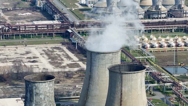 Aerial drone view of a oil refinery in Eastern Europe near to Burgas, Bulgaria. Petrol refinery