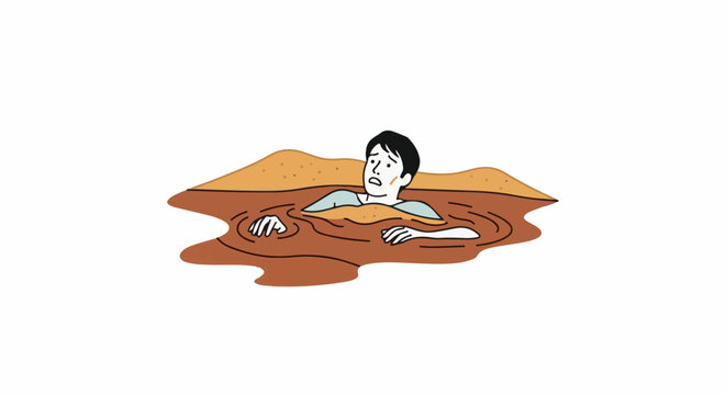 Person struggling in thick mud, showing signs of distress and fear