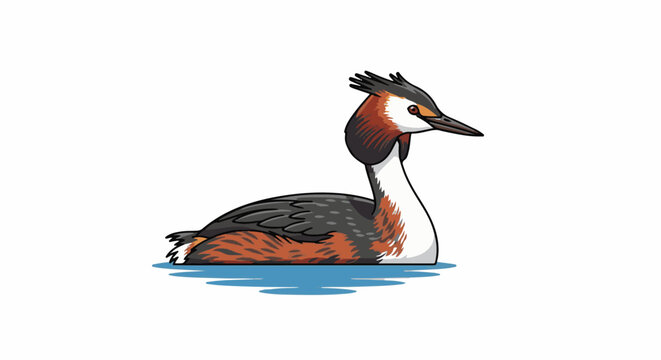Cartoon illustration of a great crested grebe bird swimming