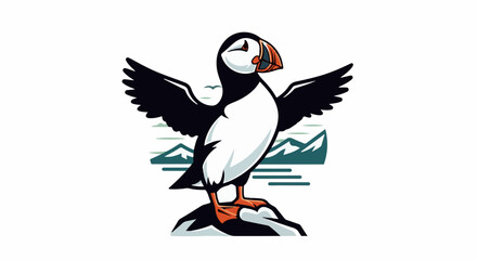 Fototapeta premium A puffin stands with wings spread, on a rock, against a backdrop of stylized mountains