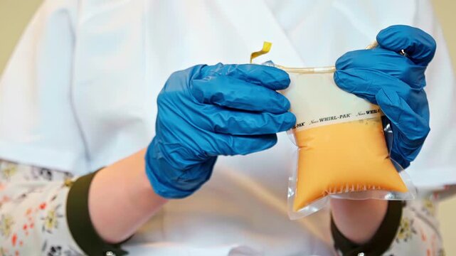 Gloved hands hold sealed pouch with orange liquid in sterile setup
