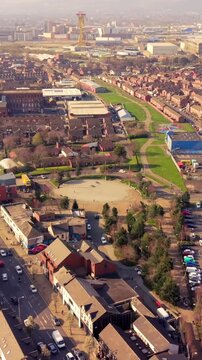 Rotating 60FPS vertical social ratio aerial video of C.S. Lewis Square on the Newtownards Road in East Belfast, Northern Ireland. Produced in 1080x1920 with Rec709 color.