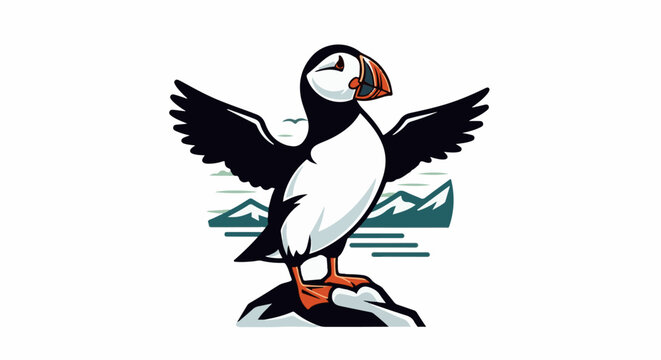 A puffin stands with wings spread, on a rock, against a backdrop of stylized mountains