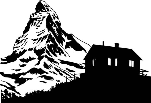 Silhouette of a rustic mountain hut nestled against the dramatic Matterhorn peak