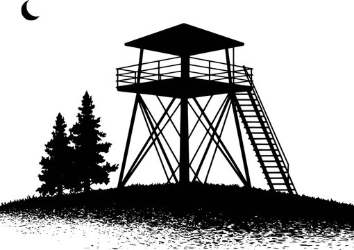 Silhouette of a fire lookout tower with pine trees and crescent moon at night watch