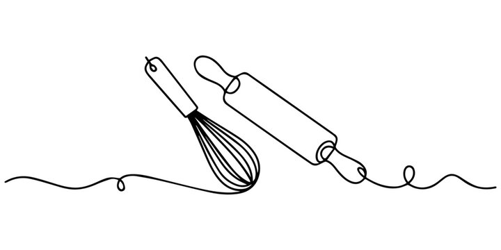 Continuous one line drawing of a kitchen whisk and a rolling pin for baking and cooking, Whisk and rolling pin kitchen utensils vector one line continuous drawing illustration. Hand drawn linear cook.