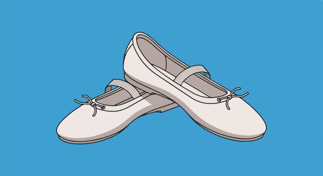 A pair of light-colored ballet flats with bows rests on a blue background