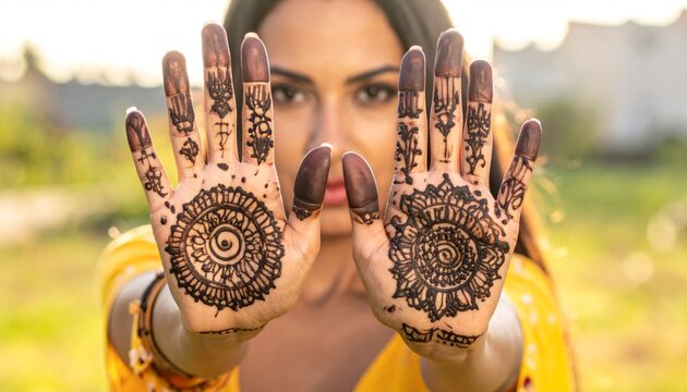 Woman displaying intricate traditional henna mehndi art on her hands.