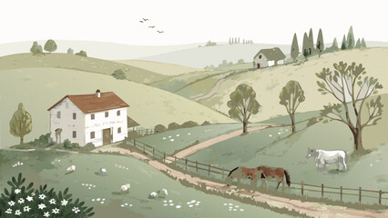 Vibrant cartoon illustration of a traditional summer farm landscape with rolling green hills and livestock. Vector flat illustration of sunny pastoral landscape with farm buildings and domestic animal © bikram