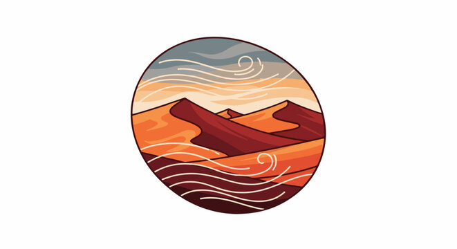 Stylized oval depiction of desert dunes with wind patterns under a hazy sky