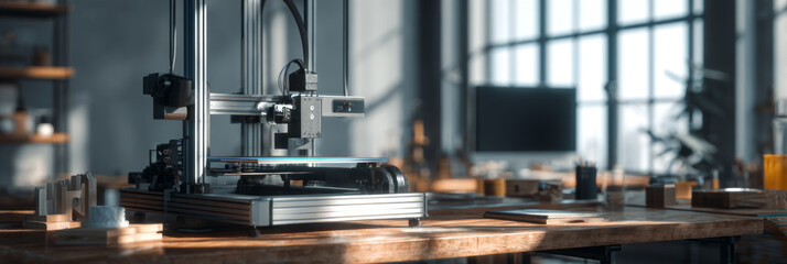 Fototapeta premium In a workshop filled with natural light, a 3D printer works on engineering prototypes. Tables display tools and materials used for various projects in technology and design