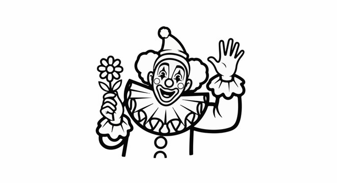 Cheerful clown with flower and waving hand