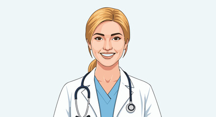 Fototapeta premium Cartoon portrait of a smiling female doctor wearing a lab coat and stethoscope