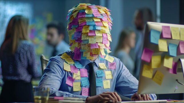 A businessman covered in colorful sticky notes sits at his desk in a busy office. This image illustrates workplace stress and multitasking for business or productivity concepts.