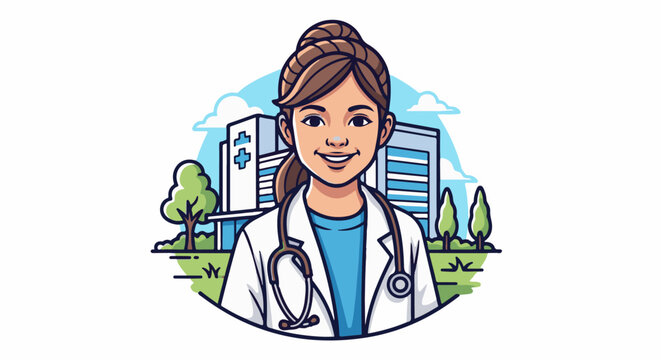 Cartoon doctor with stethoscope outside a hospital building