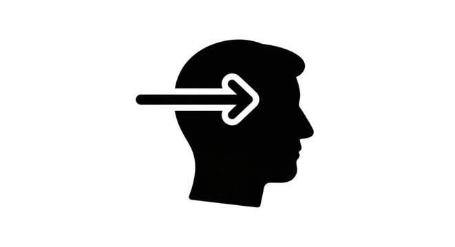 A black silhouette of a human head with a white arrow entering through the side, representing a thought or idea