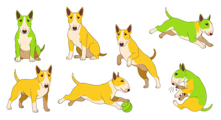 Naklejka premium Cute Bull Terriers Poses Collection - Green and Yellow Cartoon Dogs
