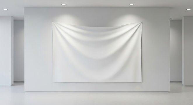 A large white sheet hangs on a wall in a modern, empty room with recessed lighting.