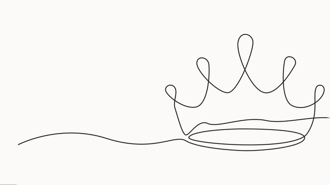 Self drawing animation of single line draw heraldic symbols, royal crown, single continuous one black line drawing of crown on white. Symbol of leadership, power, luxury, wealth, success.