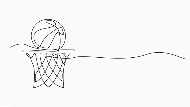 basketball hoop with net continuous one line drawing video, Animated self drawing of continuous line draw basketball court, Animated athlete dribbling minimalist design.